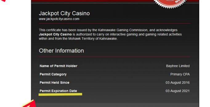 Jackpot City casino Kahnawake license